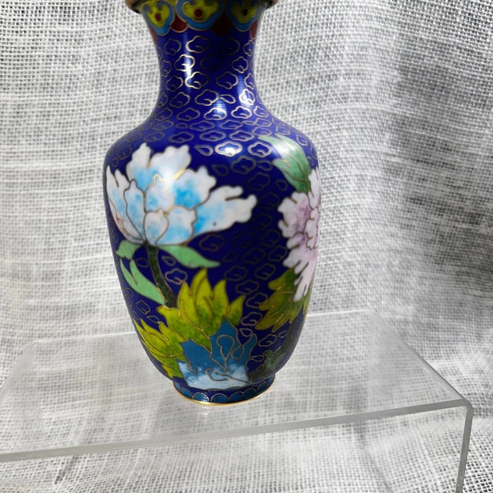 Vintage Cloisonne Enamel Floral Vase Cobalt Blue Peony 5 Inch Chinese Decorative